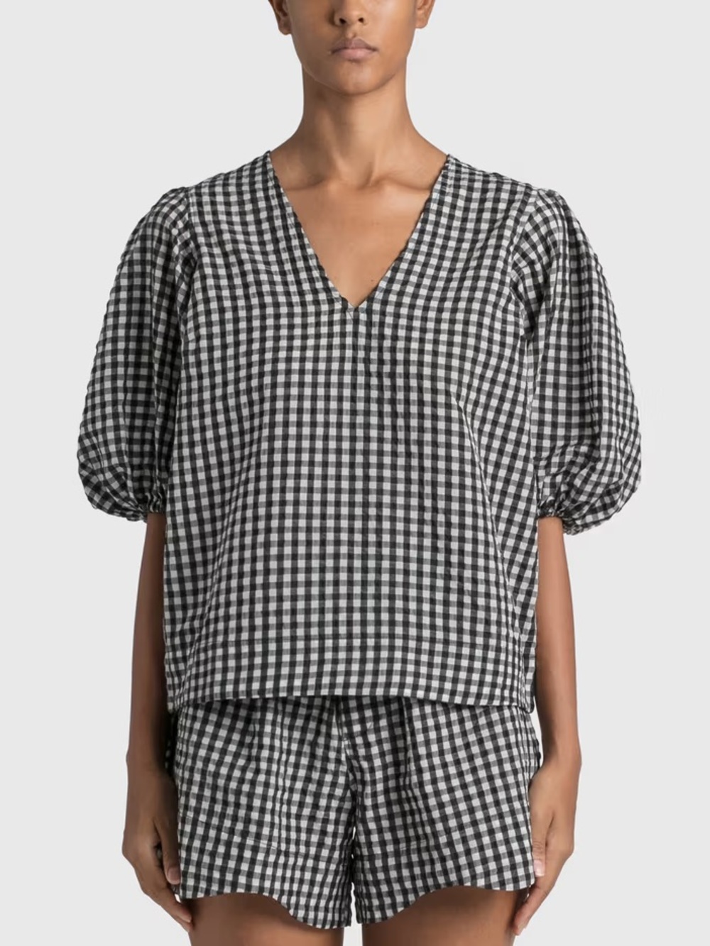 Ganni Seersucker Check Plaid Balloon Sleeve Blouse Womens 36 4 Black White